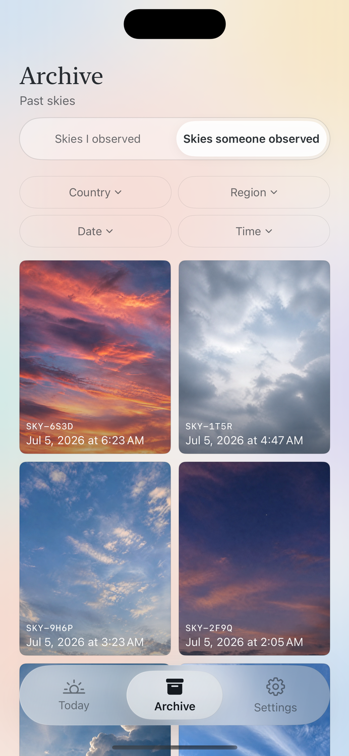 Unbarria Sky Archive screen with six skies for searching past skies by country, region, date, and time