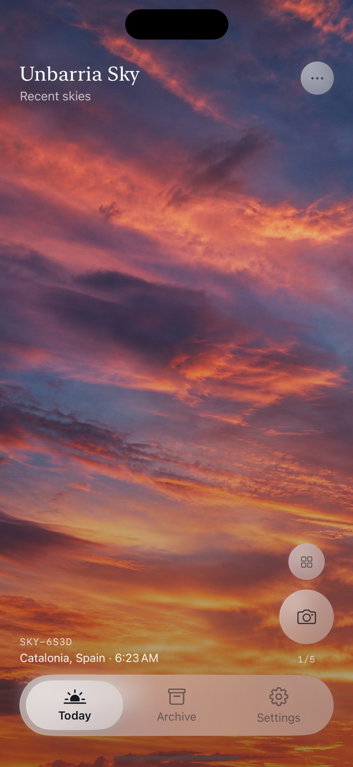 Unbarria Sky Today screen showing a sunset sky with Today, Archive, and Settings tabs